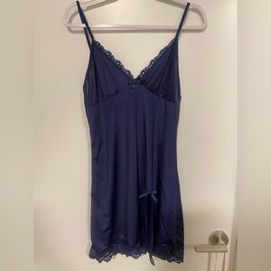 Navy Satin Lace-Trim Chemise Slip
